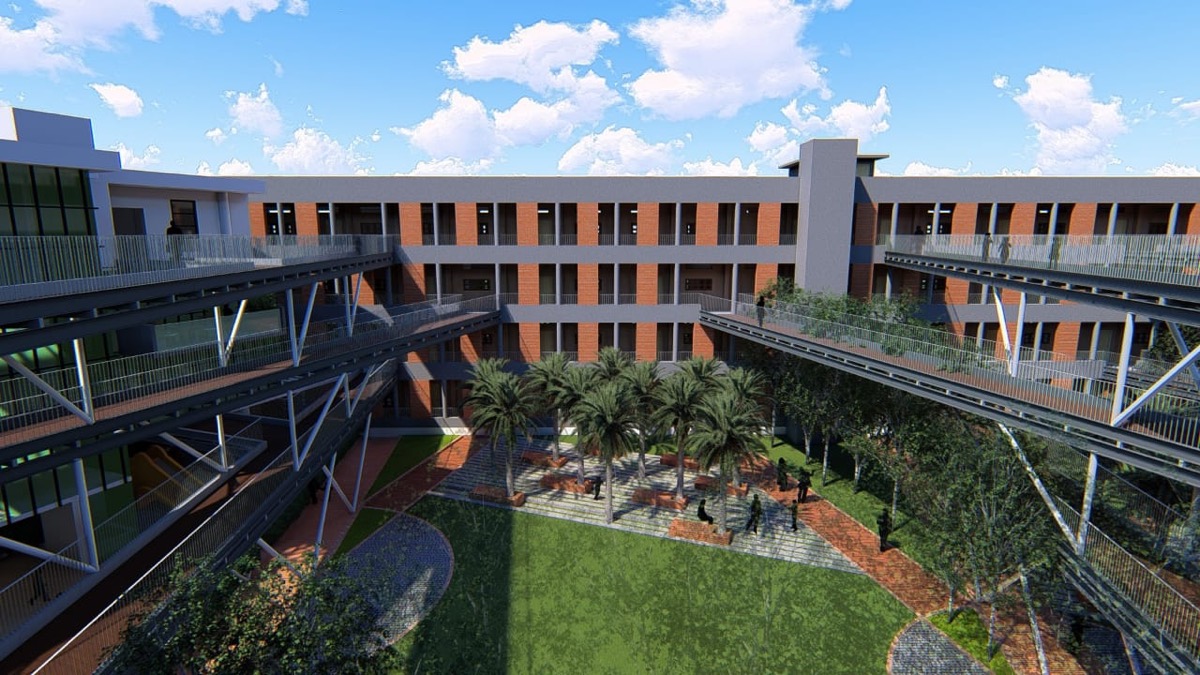 The landscaped inner courtyard of the PU building