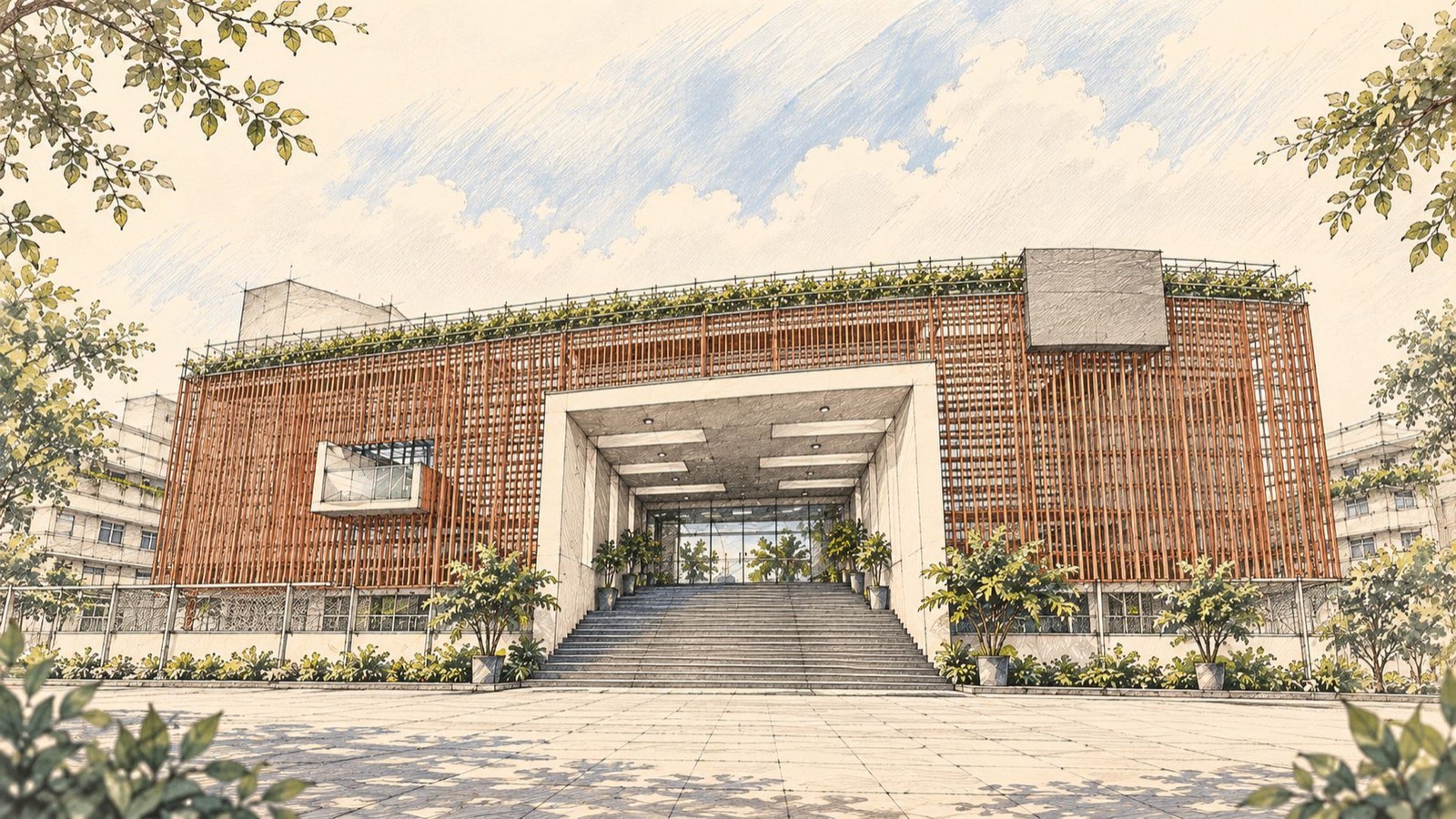 Watercolour sketch of the Sri R.V. PU College building